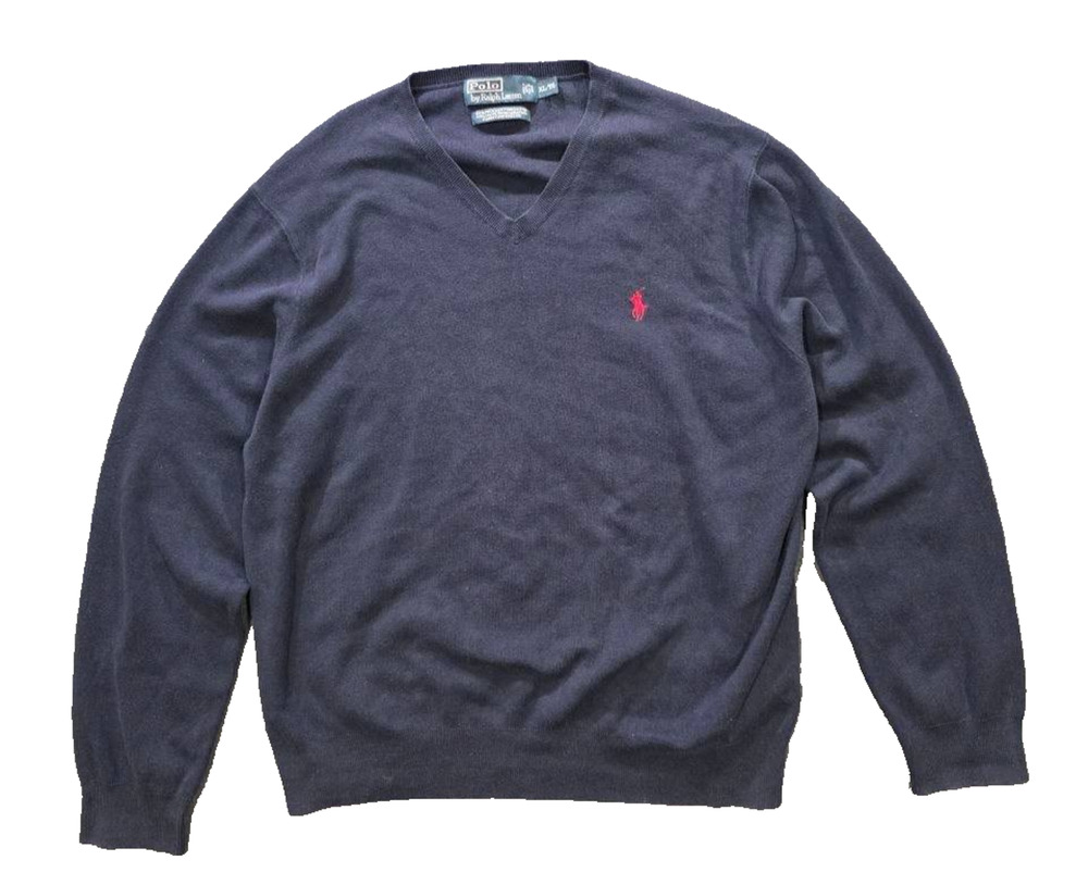 Polo By Ralph Lauren Sweater 100% pima cotton Mens Navy Blue V-Neck XL A011266